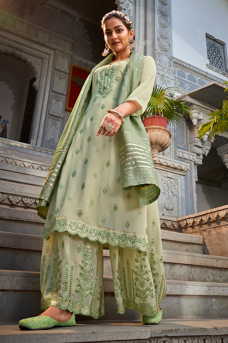 Beautiful Mint Green Georgette Festive Designer Sharara Suit - Image 5