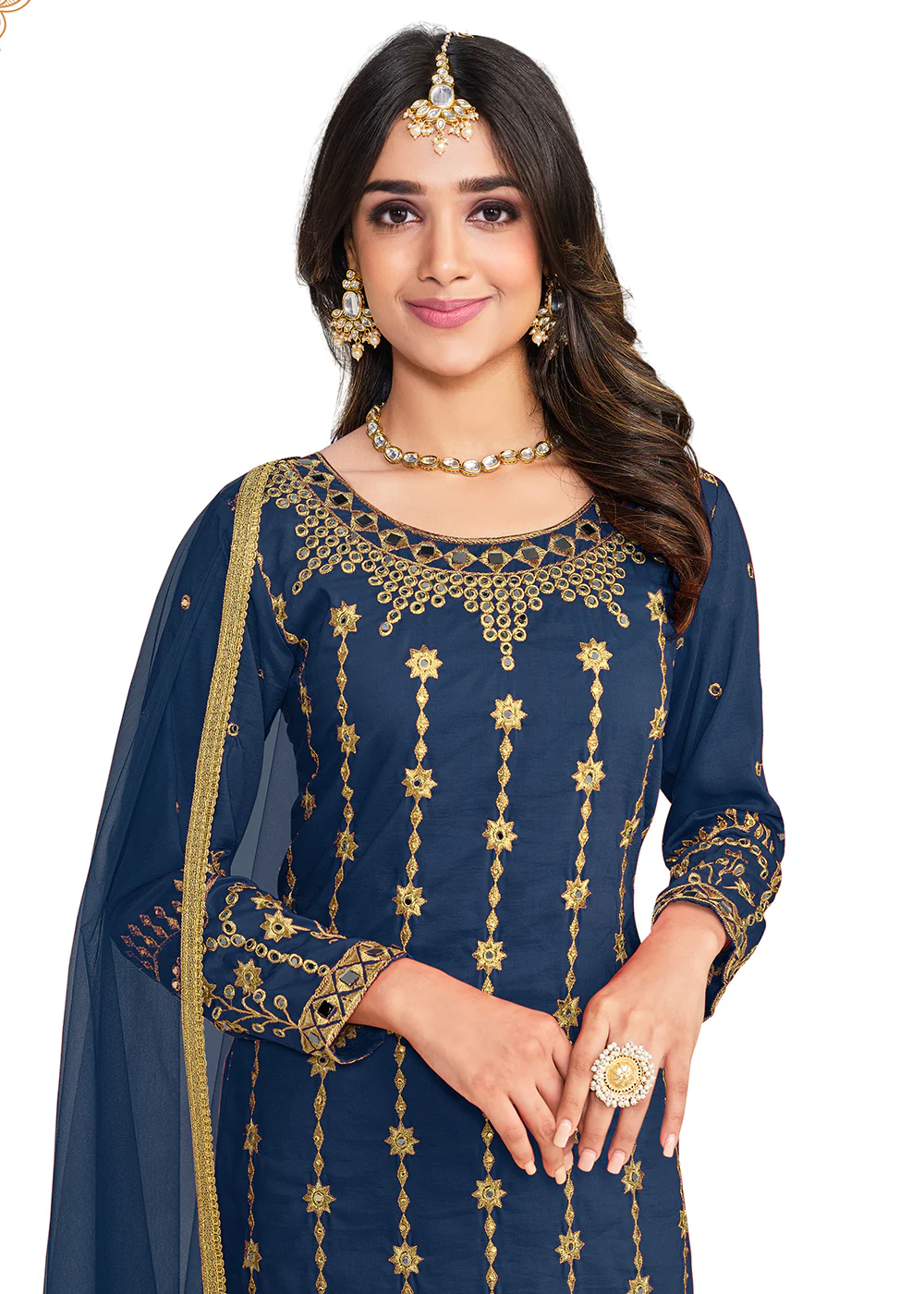 Beautiful Mirror Work Blue Silk Festive Salwar Suit - Image 2