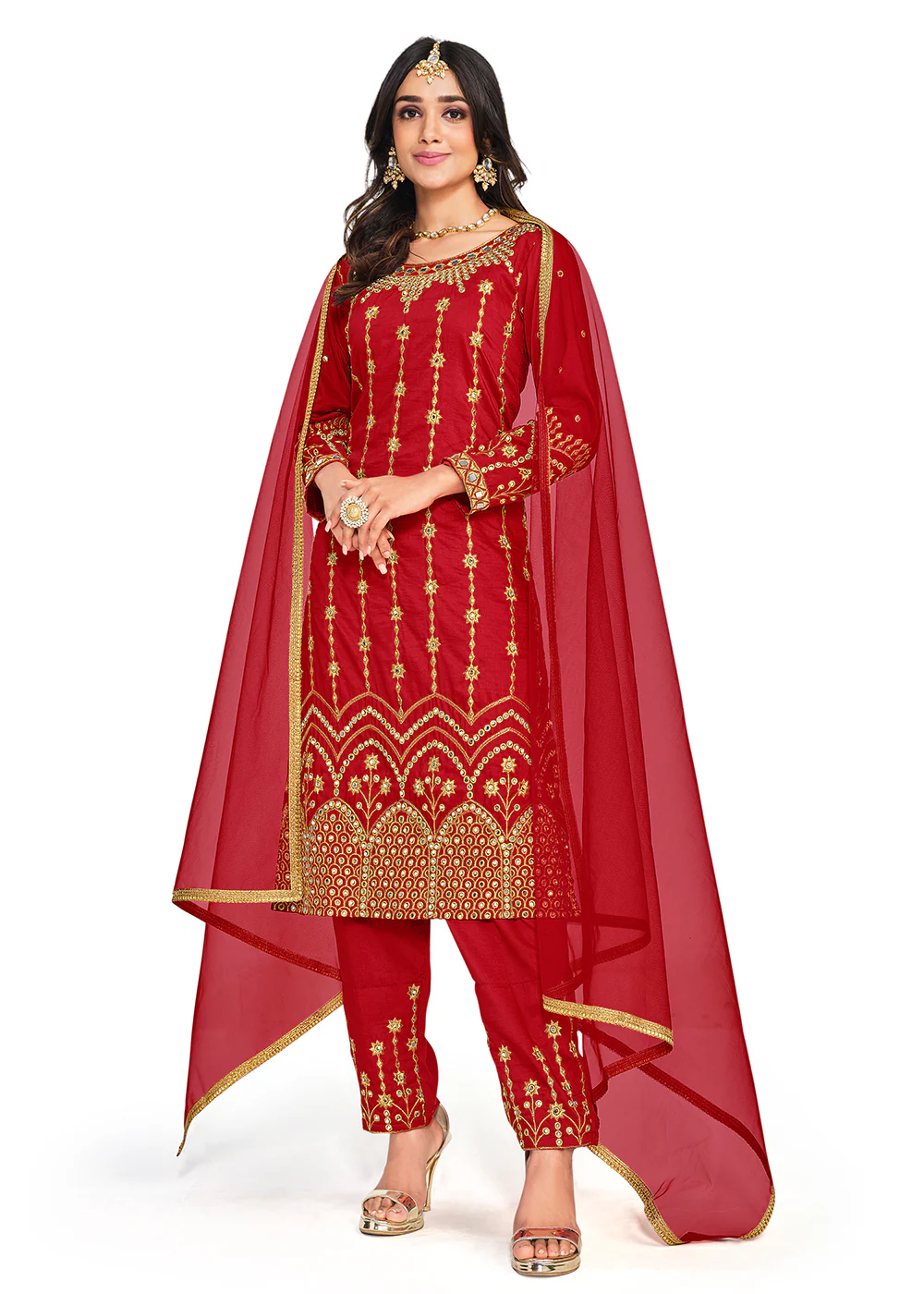 Beautiful Mirror Work Red Silk Festive Salwar Suit