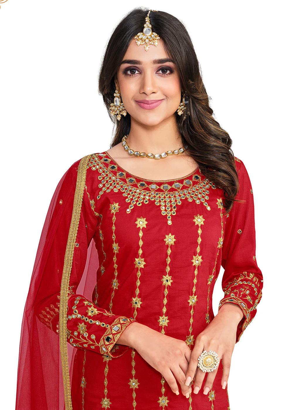 Beautiful Mirror Work Red Silk Festive Salwar Suit - Image 2