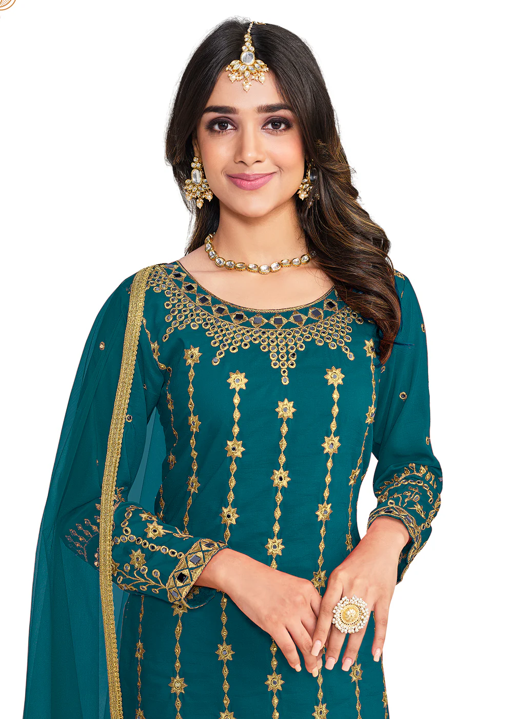 Beautiful Mirror Work Teal Silk Festive Salwar Suit - Image 2