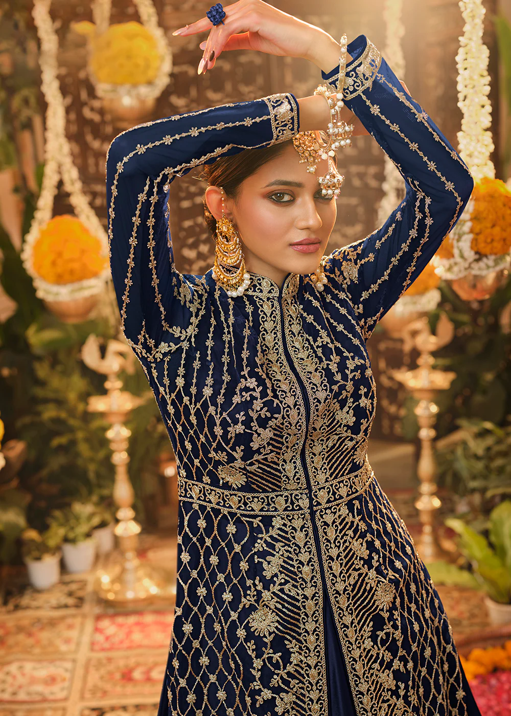 Beautiful Navy Blue Embroidered Lehenga & Jacket Style Anarkali - Image 2