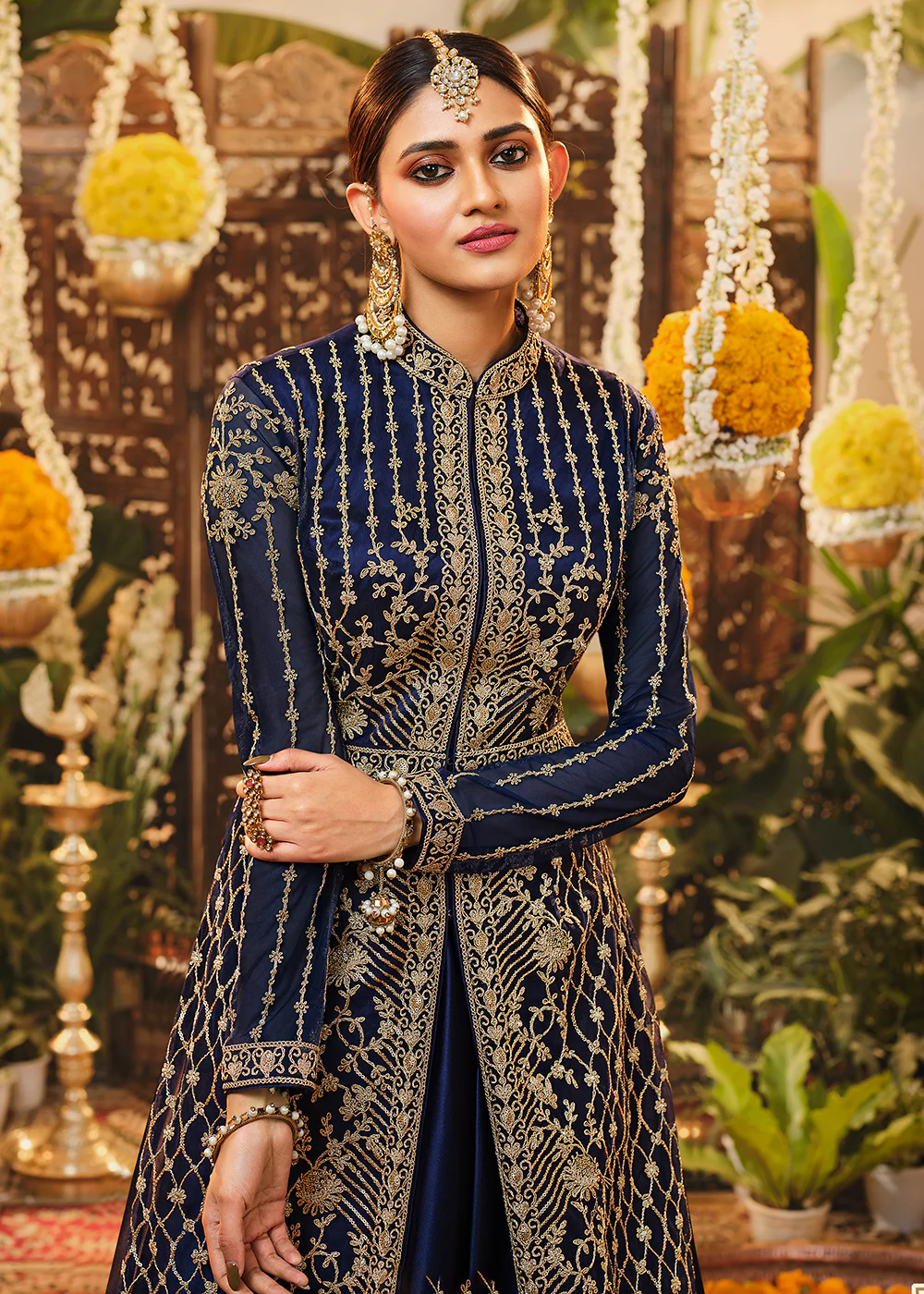 Beautiful Navy Blue Embroidered Lehenga & Jacket Style Anarkali - Image 4