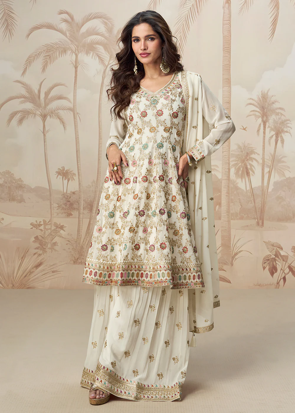 Beautiful Off White Color Embroidered Designer Palazzo Suit