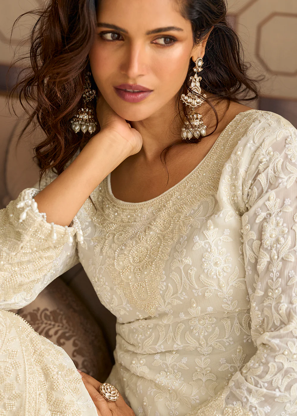 Beautiful Off White Designer Trouser Style Salwar Suit - Image 2
