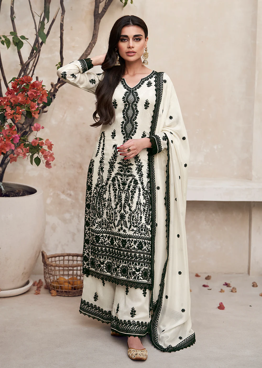 Beautiful Off White Festive Embroidered Palazzo Salwar Suit - Image 4
