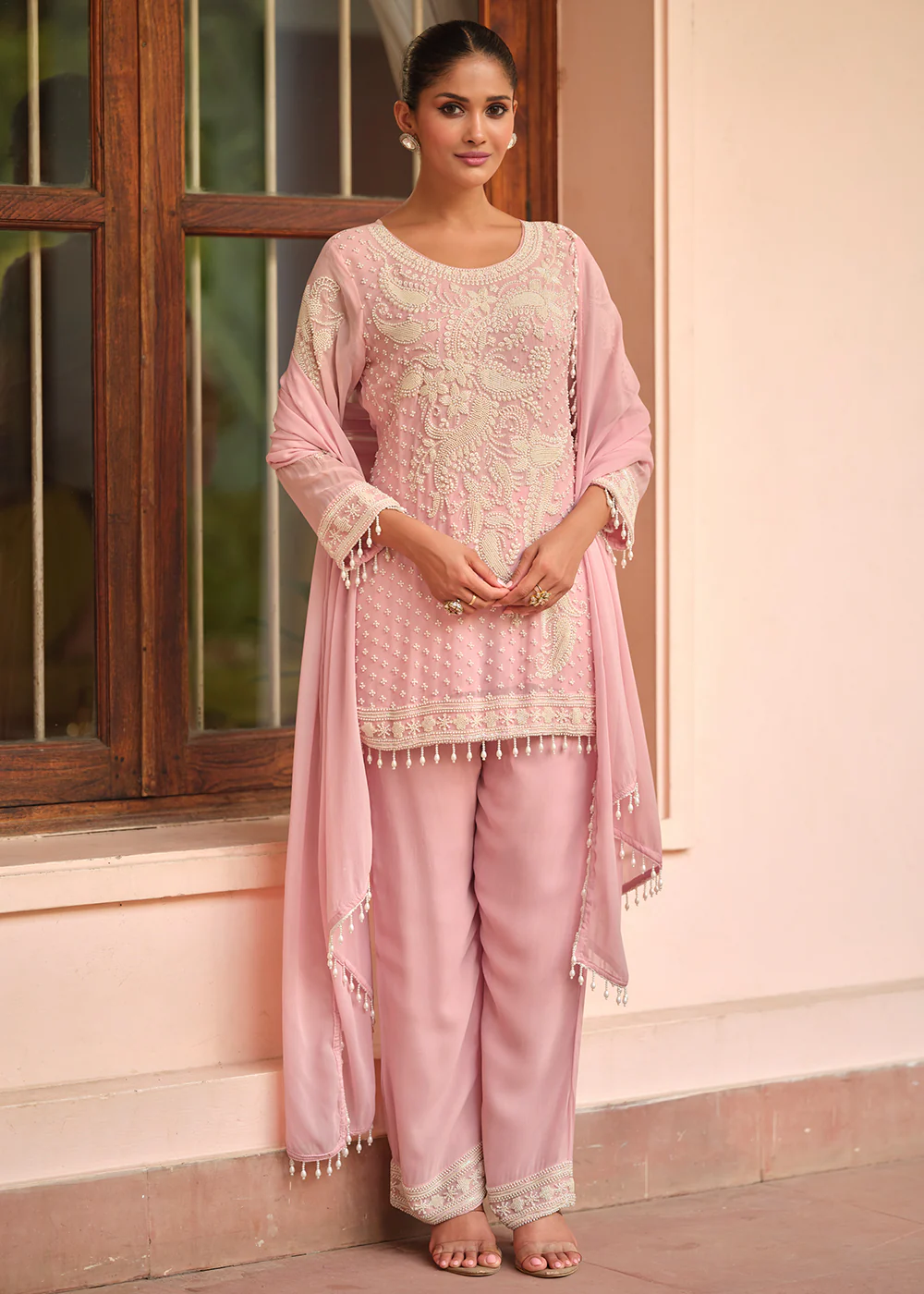 Beautiful Pink Georgette Trouser Style Suit