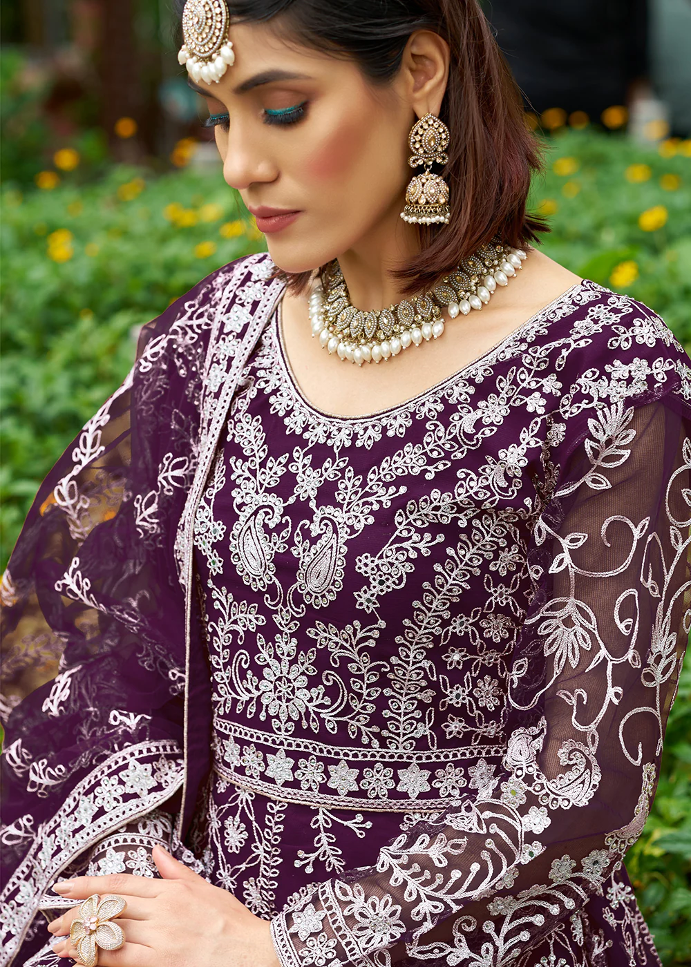 Beautiful Plum Front & Back Work Wedding Anarkali Suit - Image 2