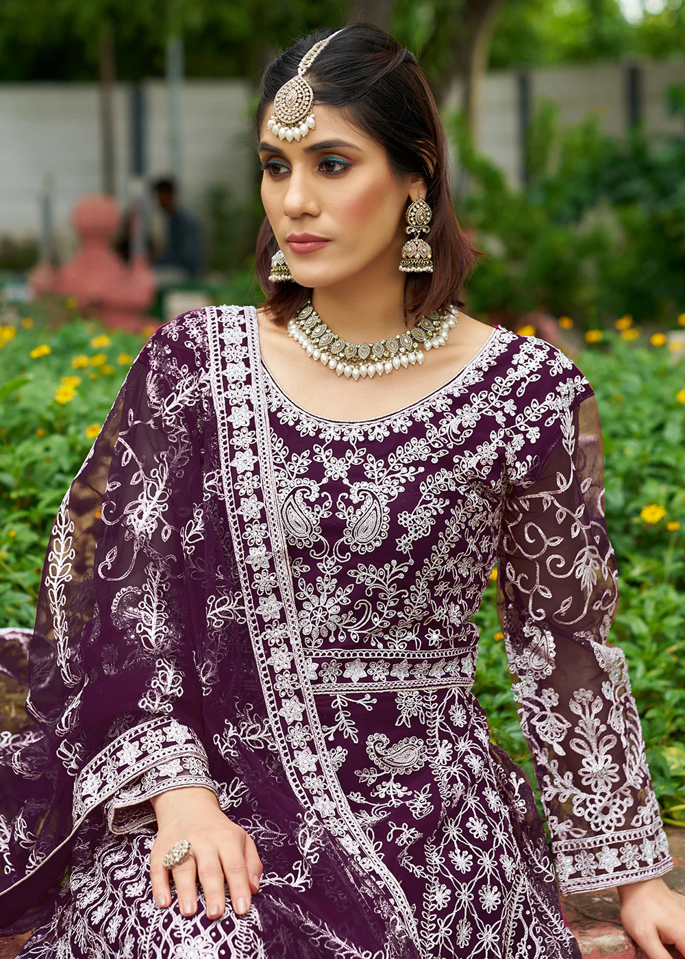 Beautiful Plum Front & Back Work Wedding Anarkali Suit - Image 4