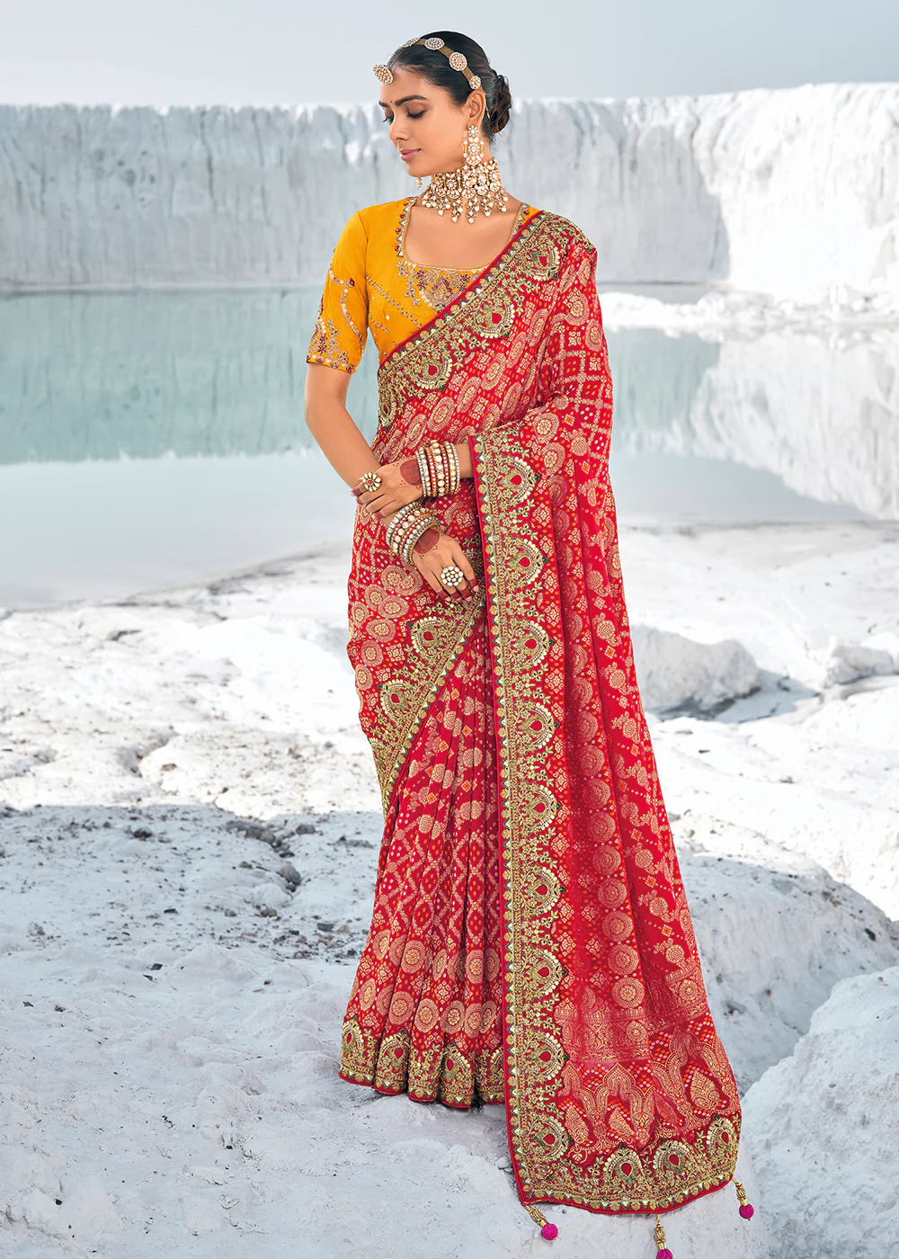 Beautiful Red Georgette Wedding Bandhani Patola Saree