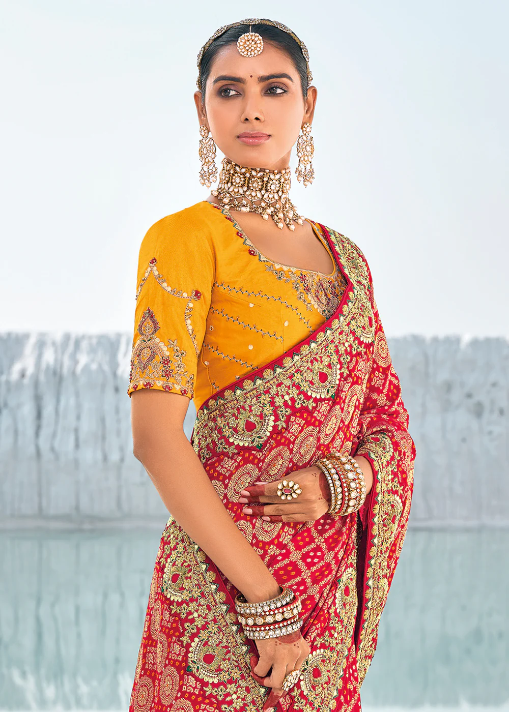 Beautiful Red Georgette Wedding Bandhani Patola Saree - Image 2