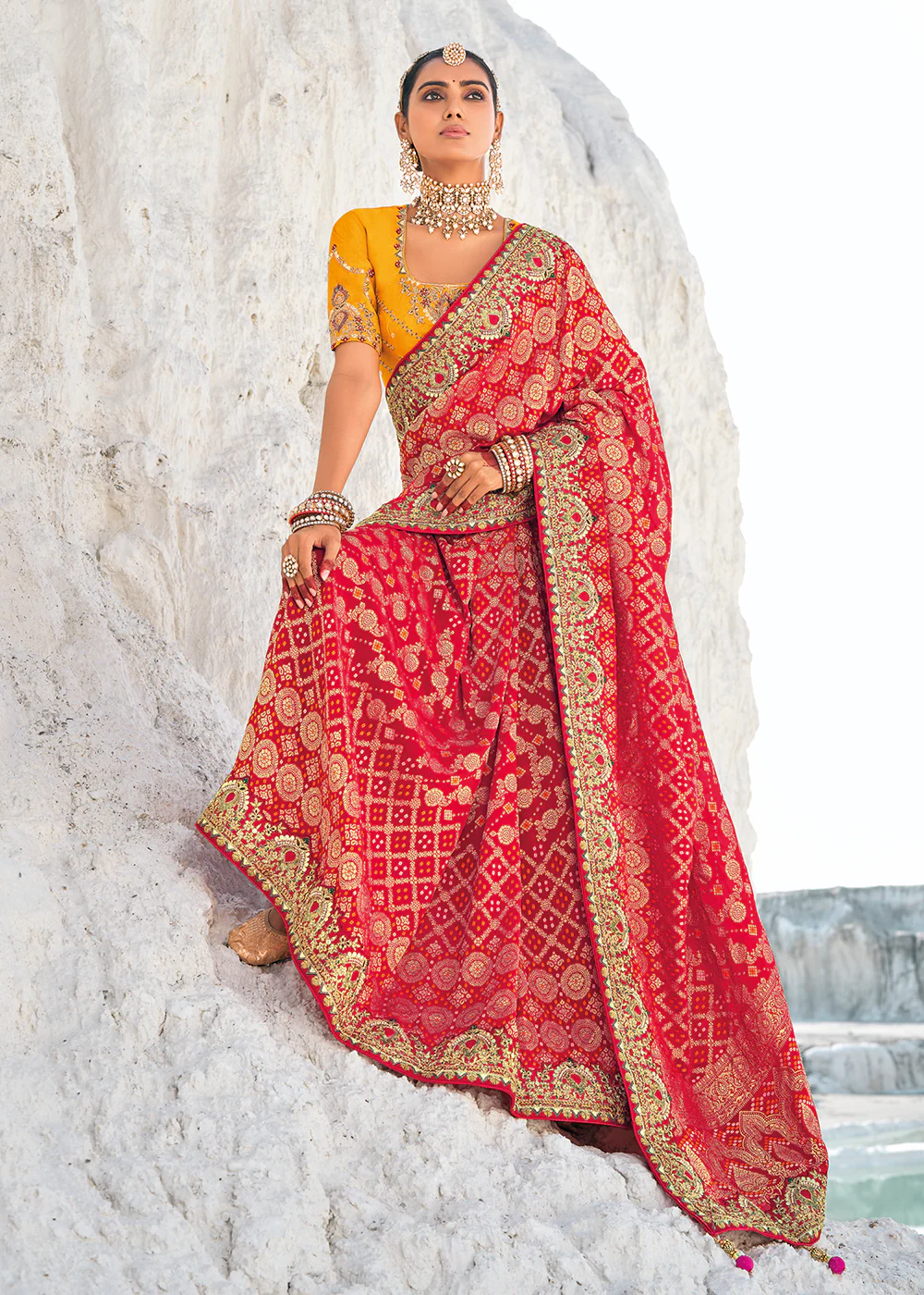 Beautiful Red Georgette Wedding Bandhani Patola Saree - Image 4