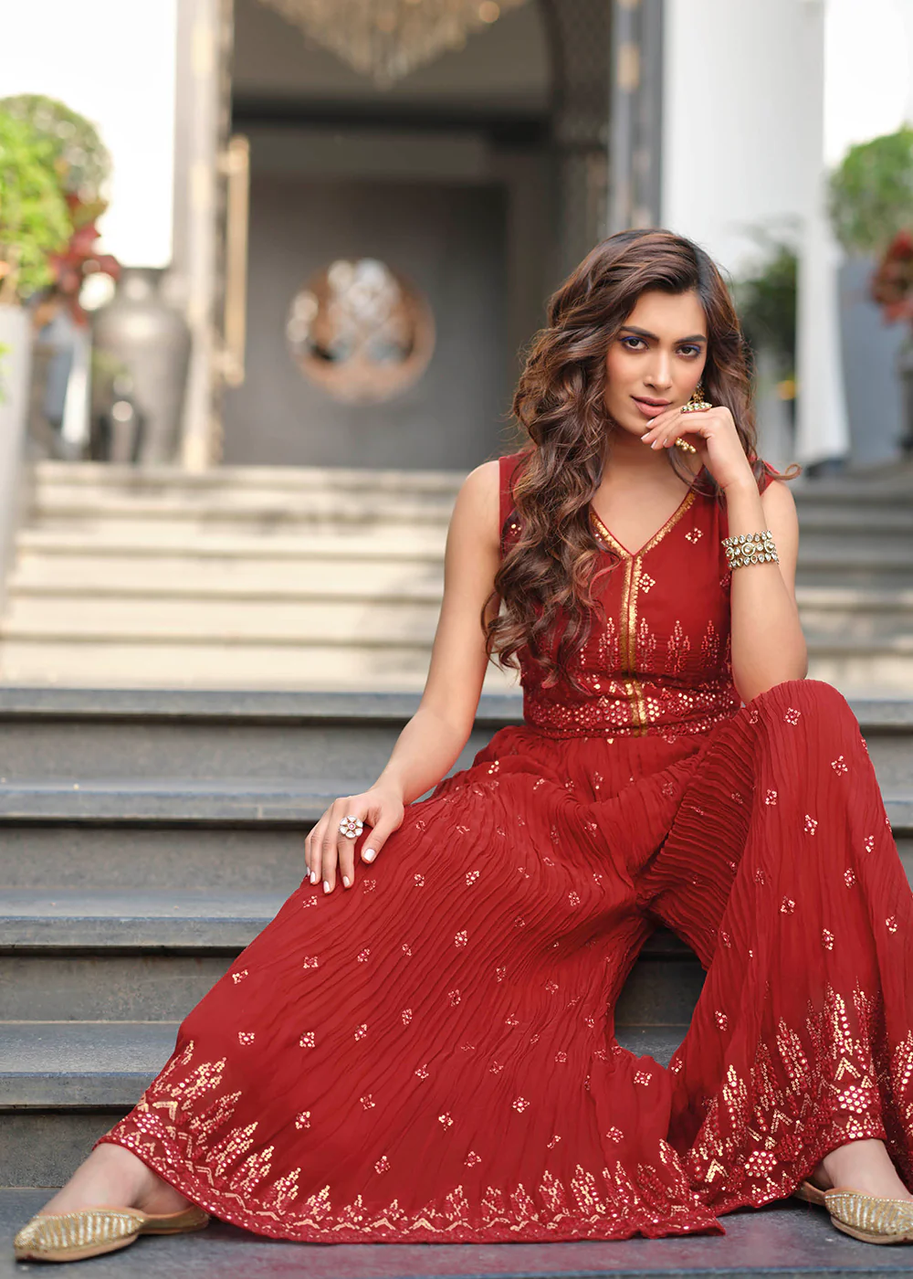 Beautiful Red Indo-Western Embroidered Chinon Jumpsuit - Image 2