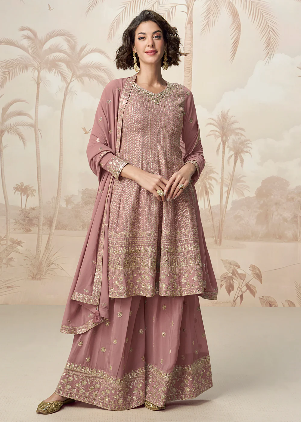 Beautiful Rose Pink Color Embroidered Designer Palazzo Suit