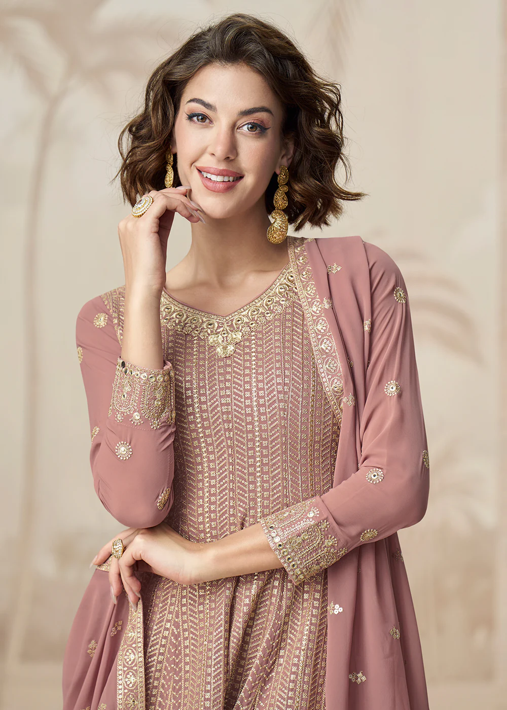 Beautiful Rose Pink Color Embroidered Designer Palazzo Suit - Image 2