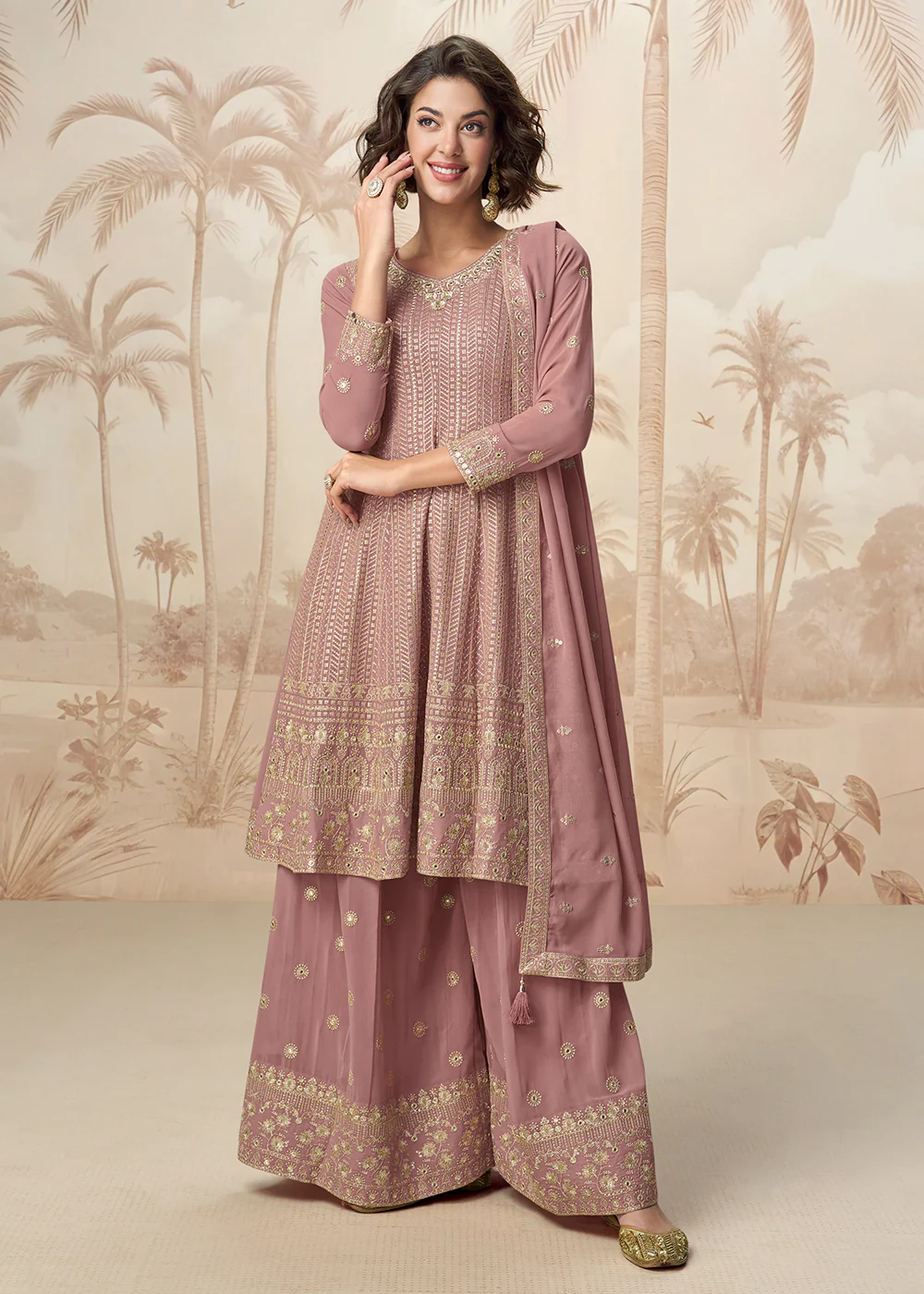 Beautiful Rose Pink Color Embroidered Designer Palazzo Suit - Image 3