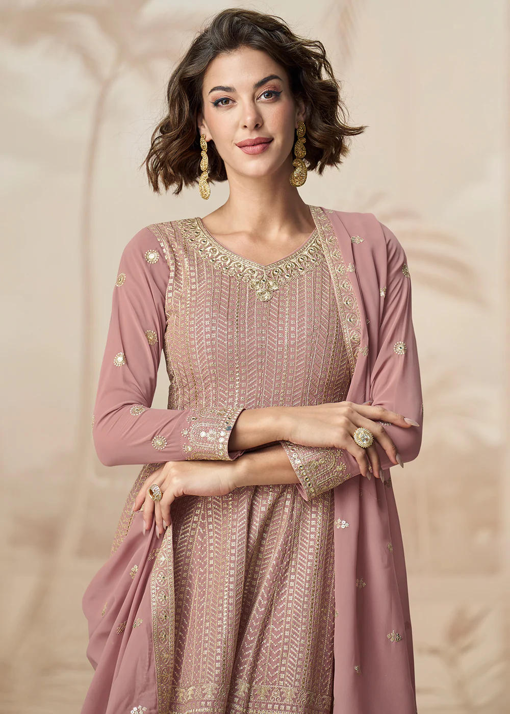 Beautiful Rose Pink Color Embroidered Designer Palazzo Suit - Image 4