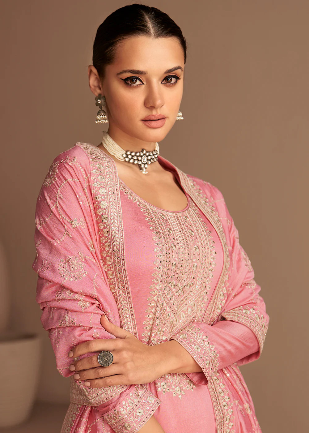 Beautiful Rose Pink & Gold Embroidered Premium Silk Salwar Suit - Image 2