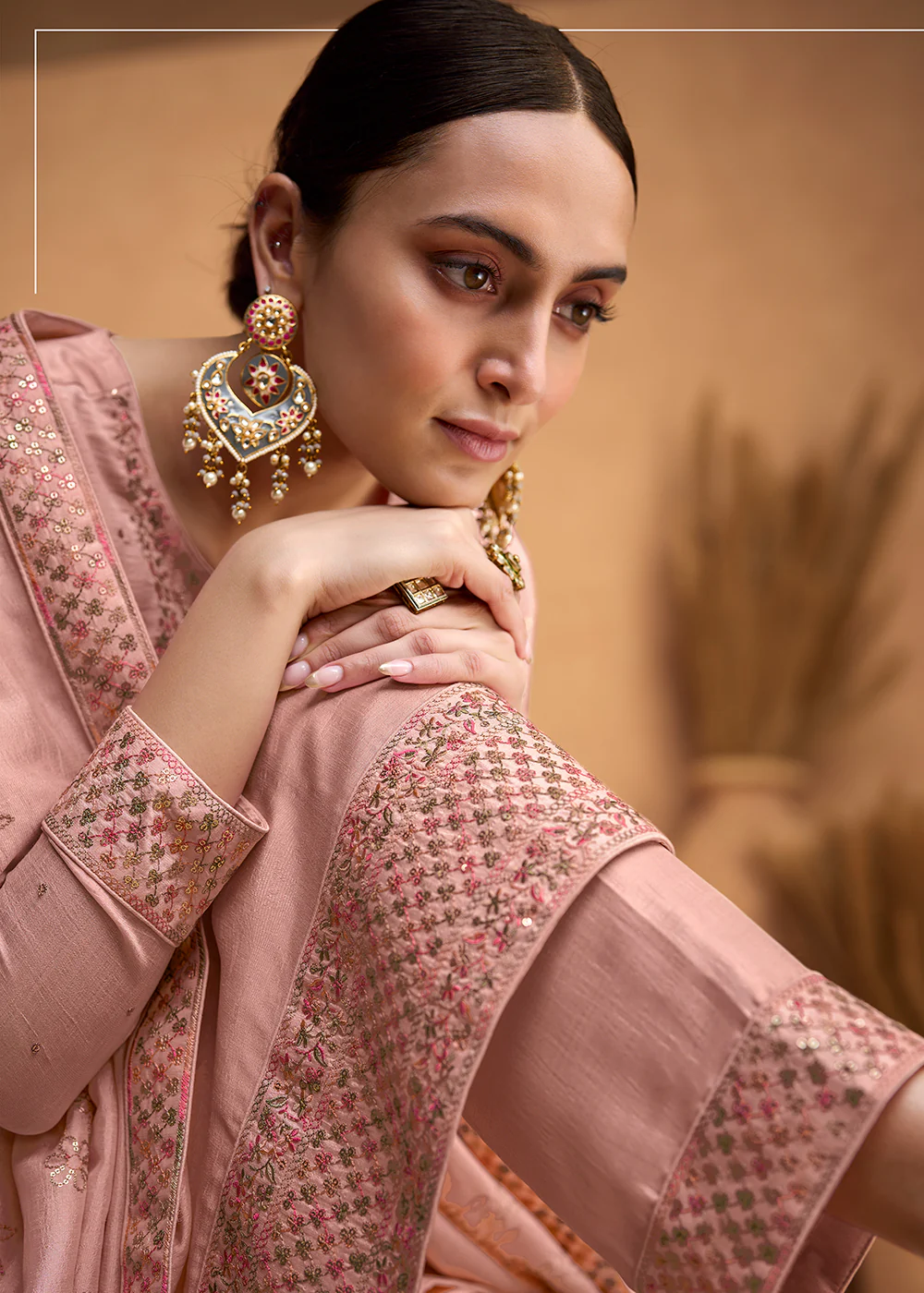 Beautiful Rose Pink Premium Silk Pant Style Salwar Suit - Image 4