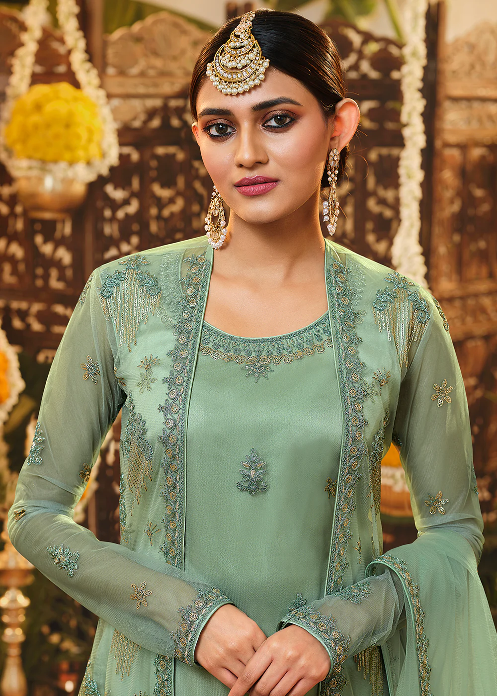 Beautiful Sea Green Embroidered Designer Jacket Style Suit - Image 2