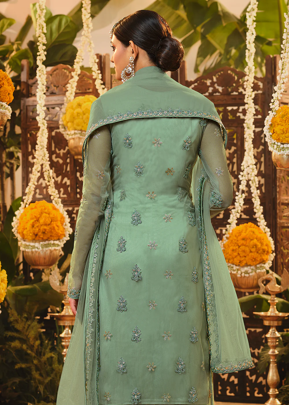 Beautiful Sea Green Embroidered Designer Jacket Style Suit - Image 3