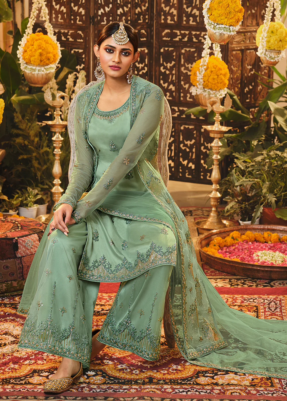 Beautiful Sea Green Embroidered Designer Jacket Style Suit - Image 4