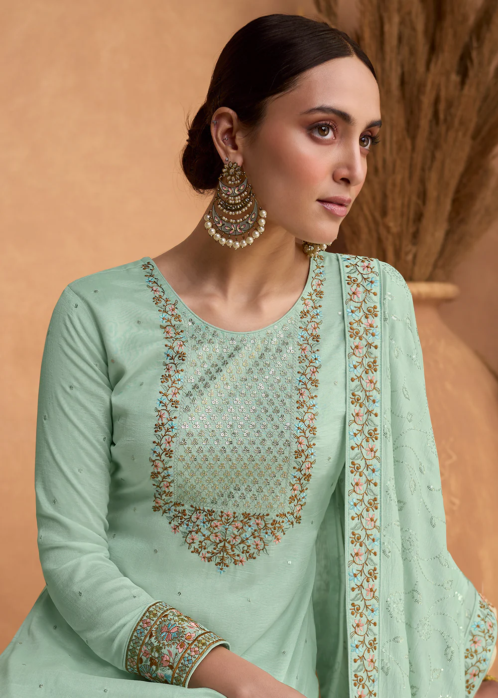 Beautiful Sea Green Premium Silk Pant Style Salwar Suit - Image 2