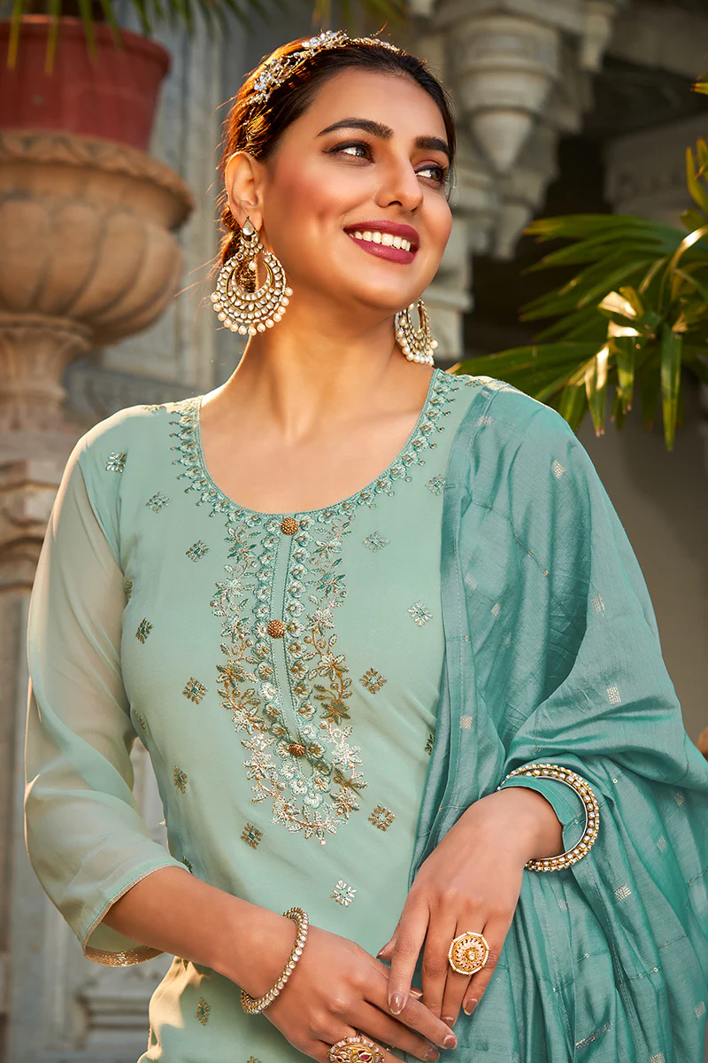 Beautiful Seafoam Blue Georgette Festive Designer Sharara Suit - Image 2