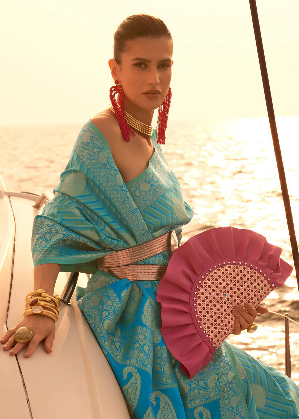 Beautiful Sky-Blue Pure Satin Silk Two Tone Weaving Saree - Image 2