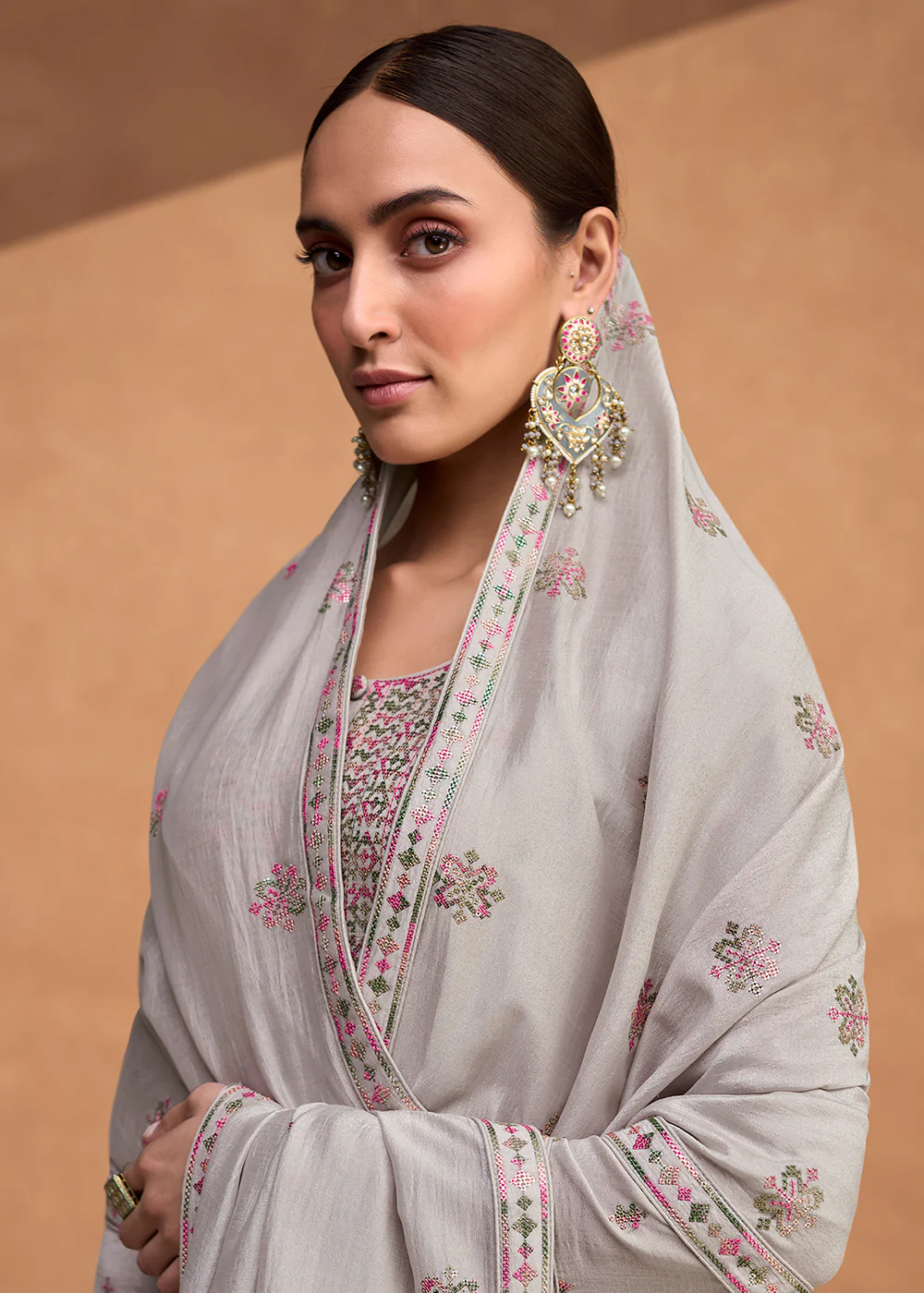 Beautiful Slate Grey Premium Silk Pant Style Salwar Suit - Image 2