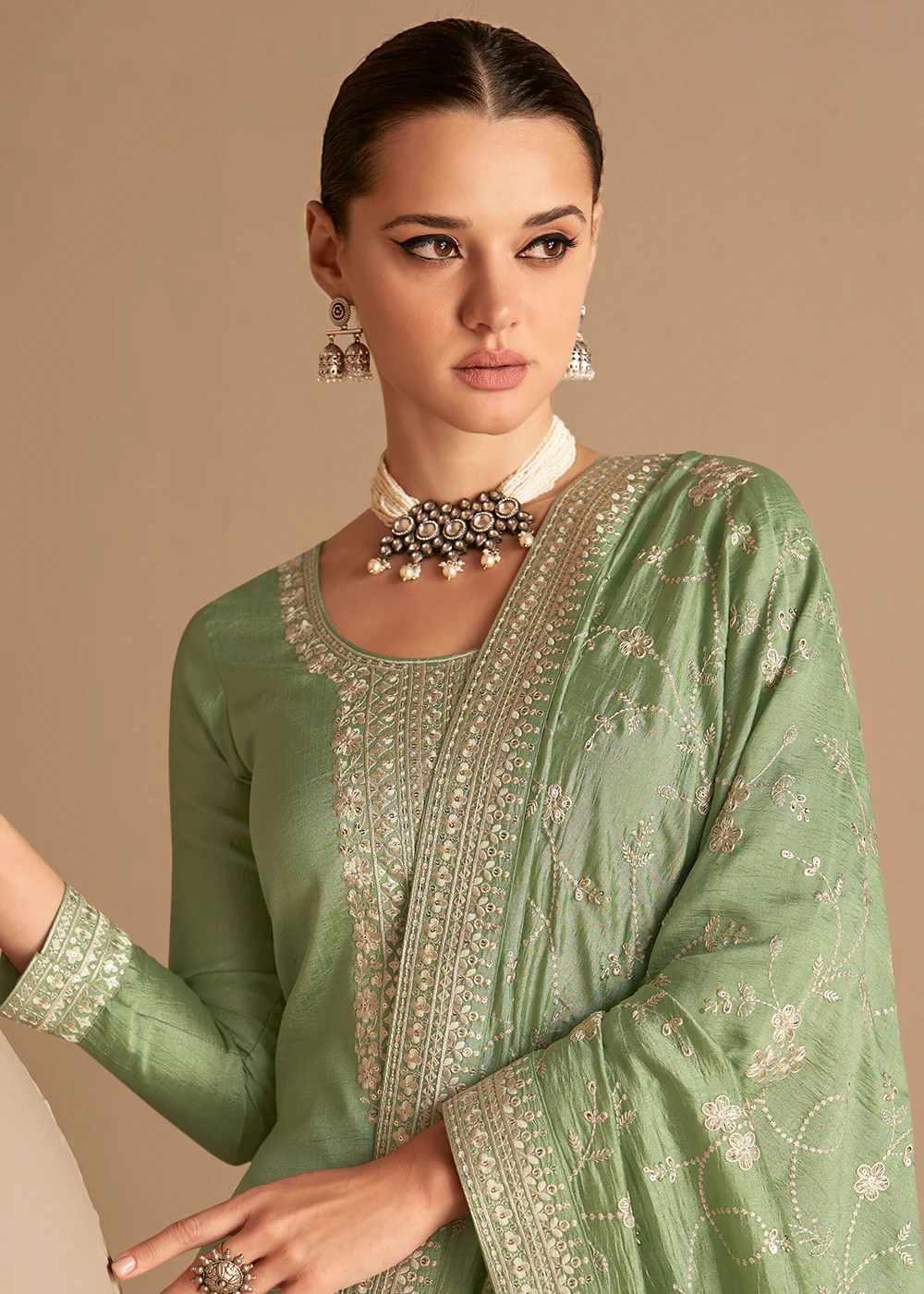 Beautiful Soft Green & Gold Embroidered Premium Silk Salwar Suit - Image 2
