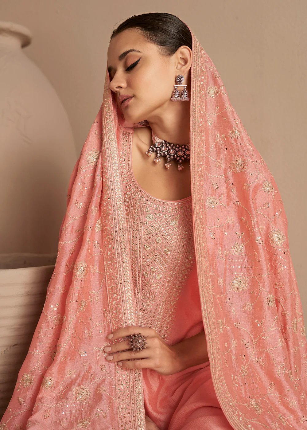 Beautiful Soft Peach & Gold Embroidered Premium Silk Salwar Suit - Image 2