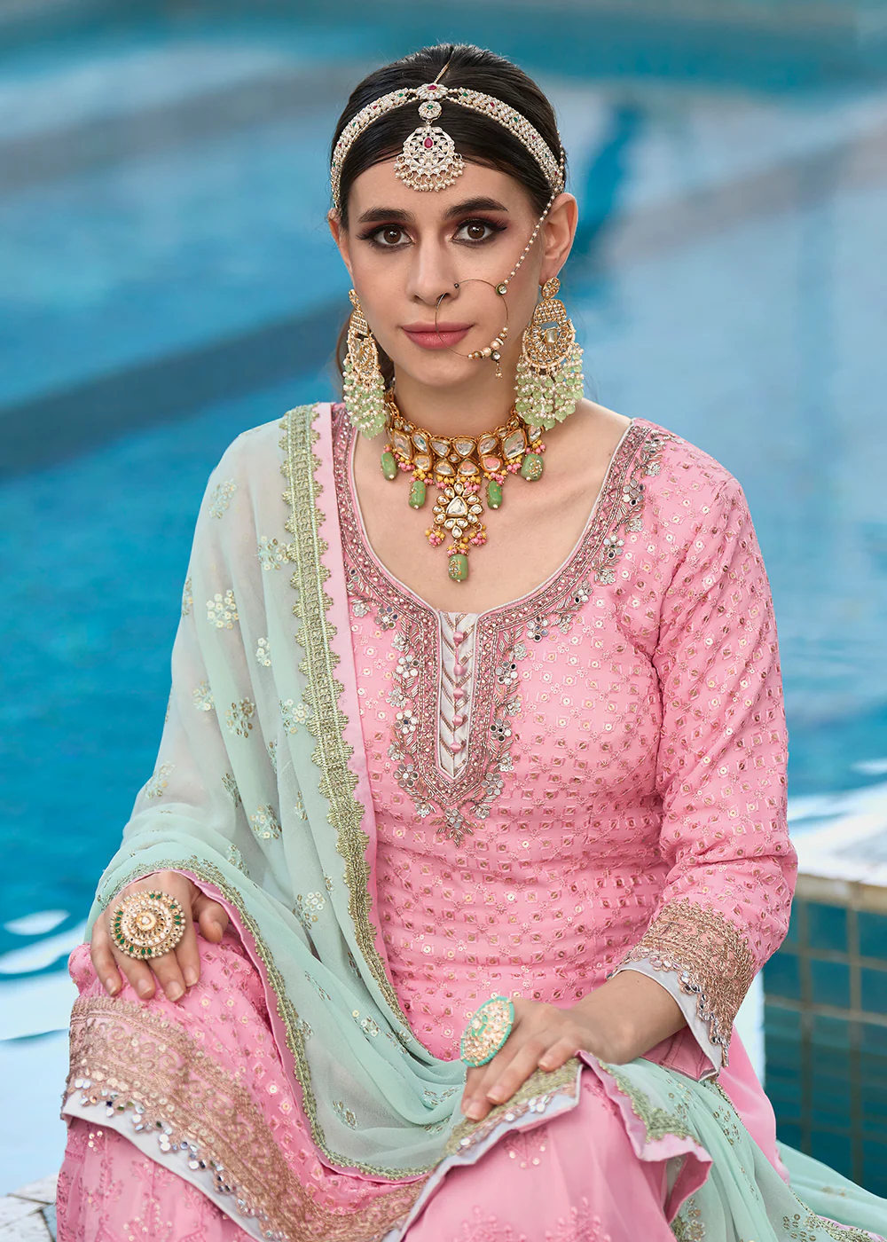 Beautiful Soft Pink Heavy Embroidered Festive Gharara Style Suit - Image 3