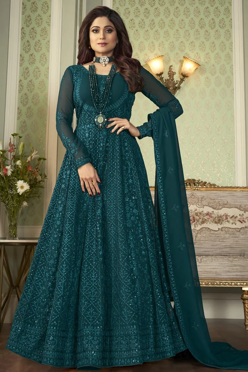 Beautiful Teal Shamita Shetty Embroidered Georgette Anarkali Suit