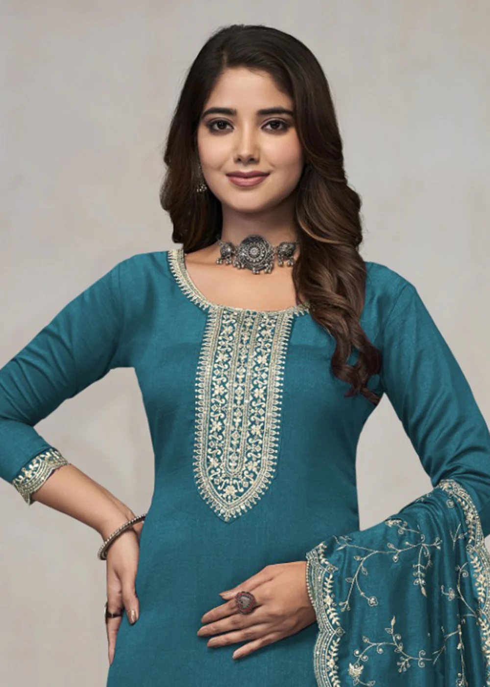 Beautiful Turquoise Vichitra Silk Fancy Salwar Suit - Image 2
