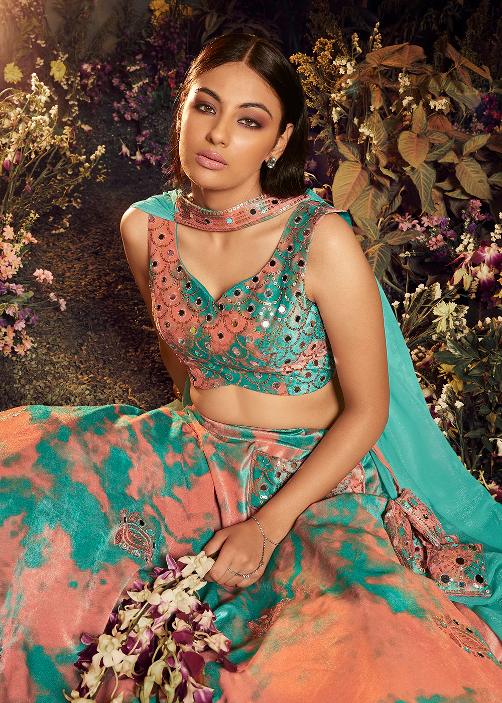Beautiful Turquoise-Orange Sequins & Mirror Velvet Lehenga Choli - Image 2