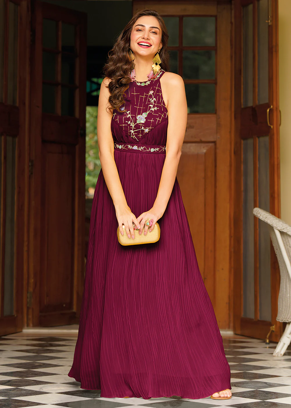 Beautiful Wine Red Georgette Embellished Indo Western Maxi Gown