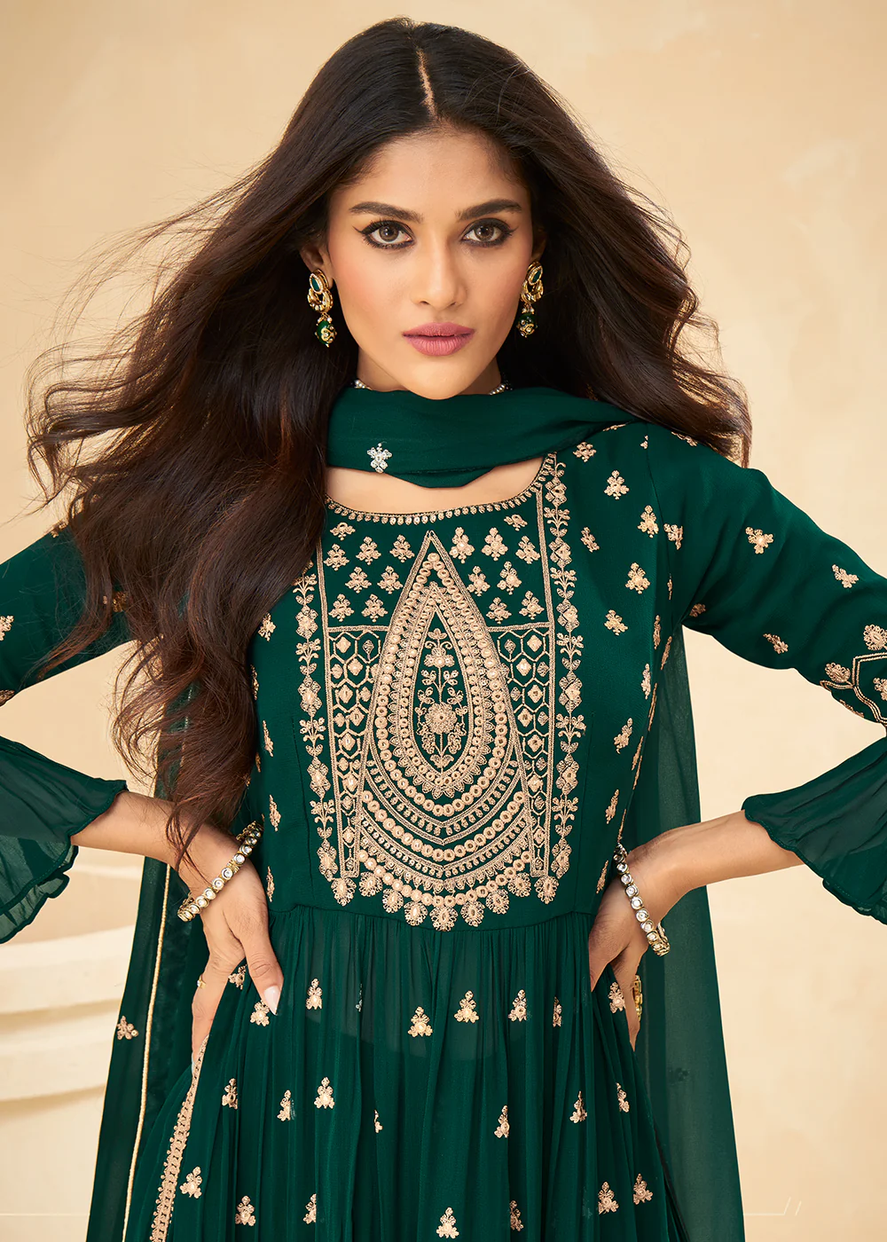 Beautifully Embroidered Dark Green Festive Palazzo Suit - Image 2