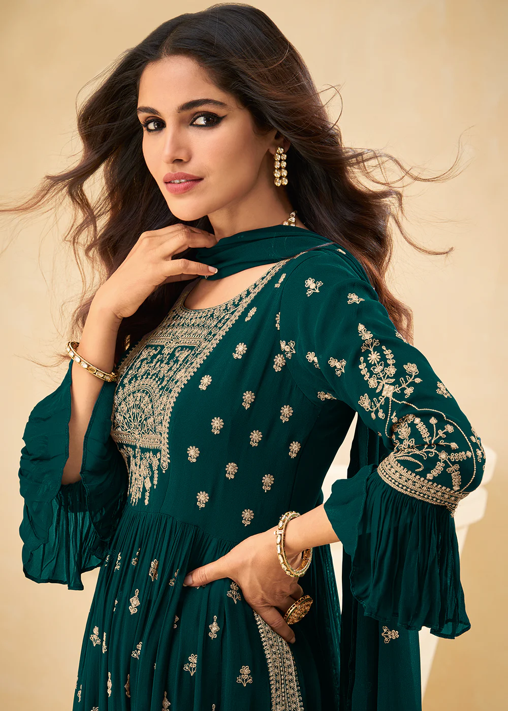 Beautifully Embroidered Teal Green Festive Palazzo Suit - Image 2