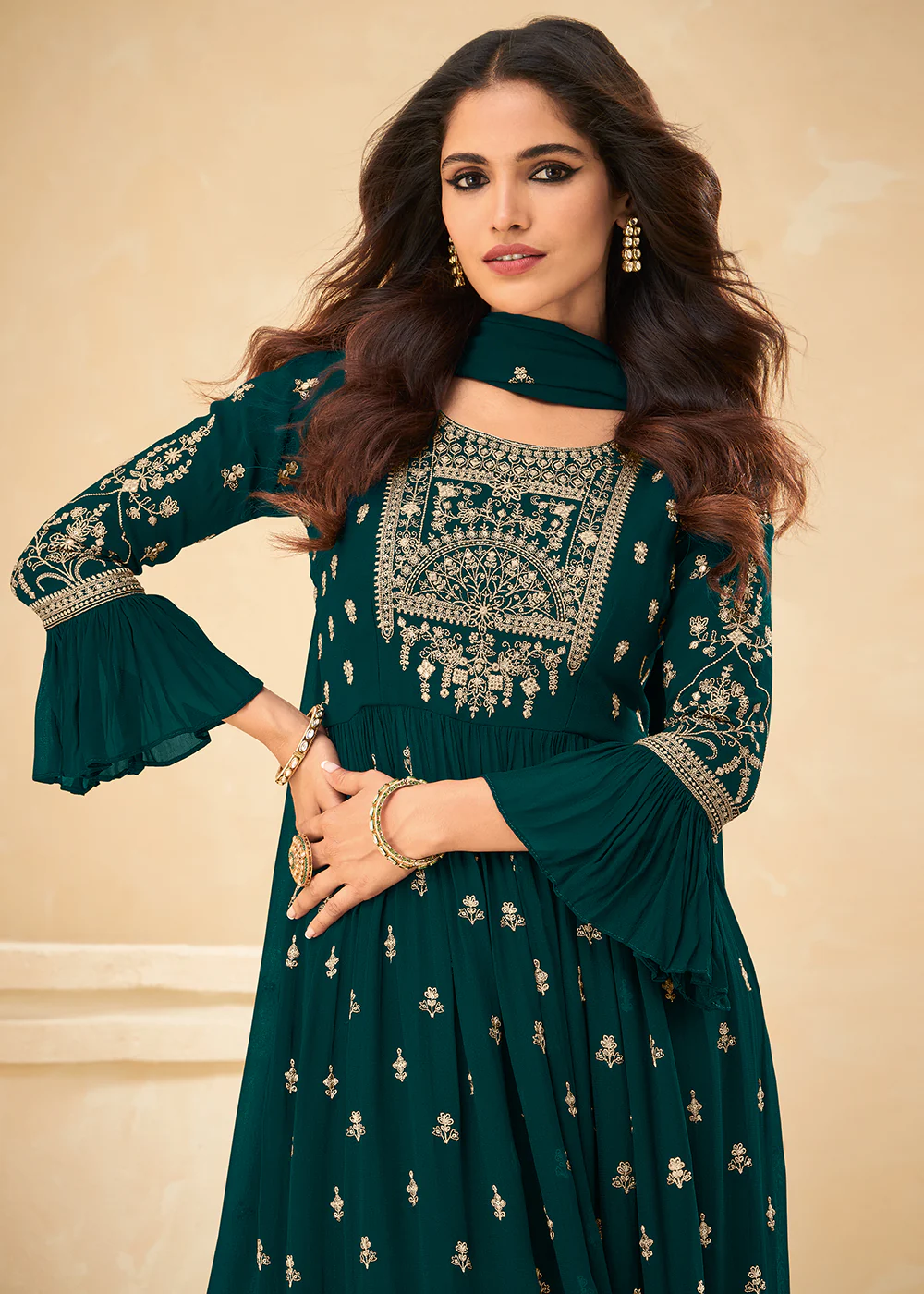 Beautifully Embroidered Teal Green Festive Palazzo Suit - Image 3