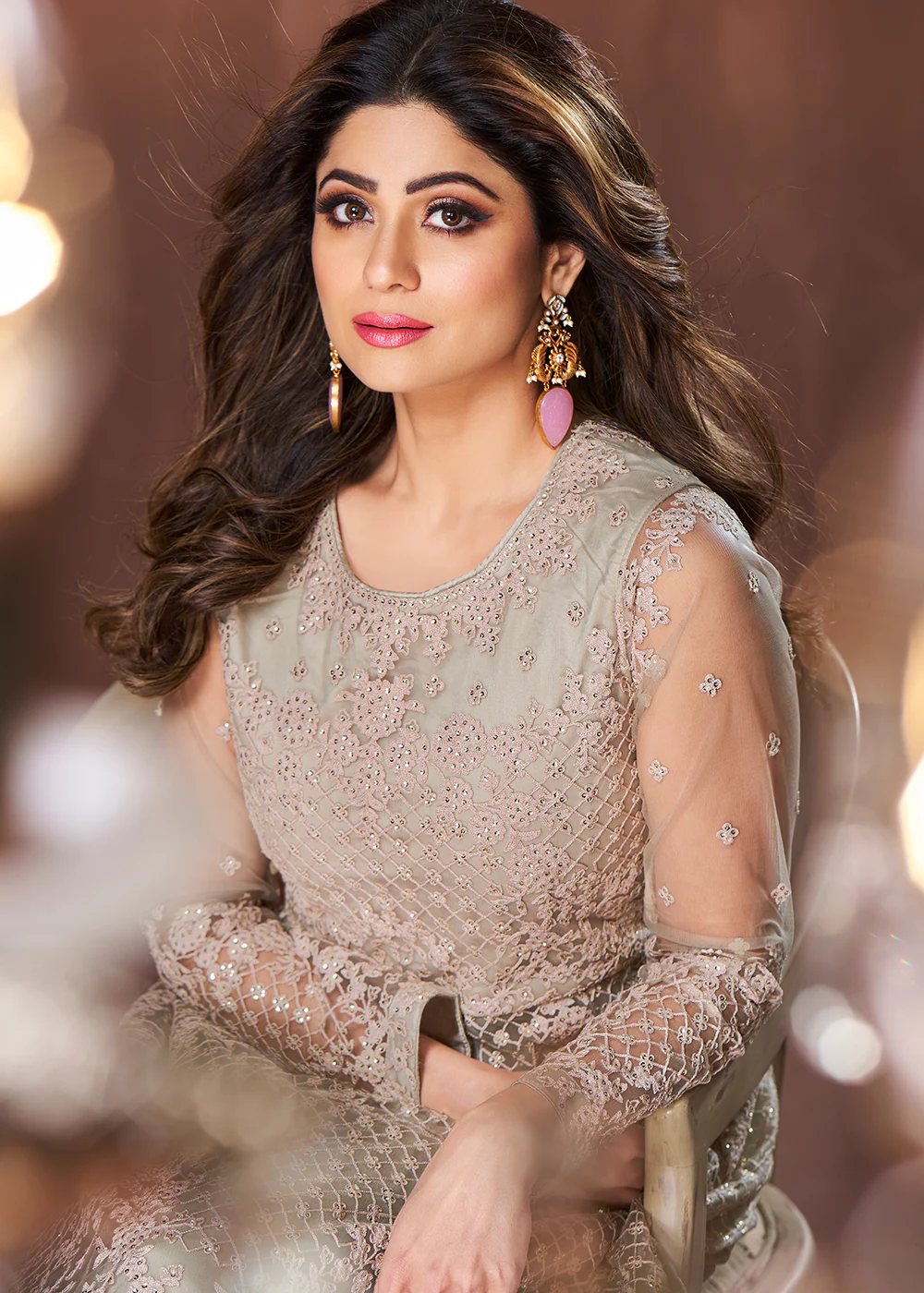 Beige All Over Embroidered Shamita Shetty Gown - Image 2
