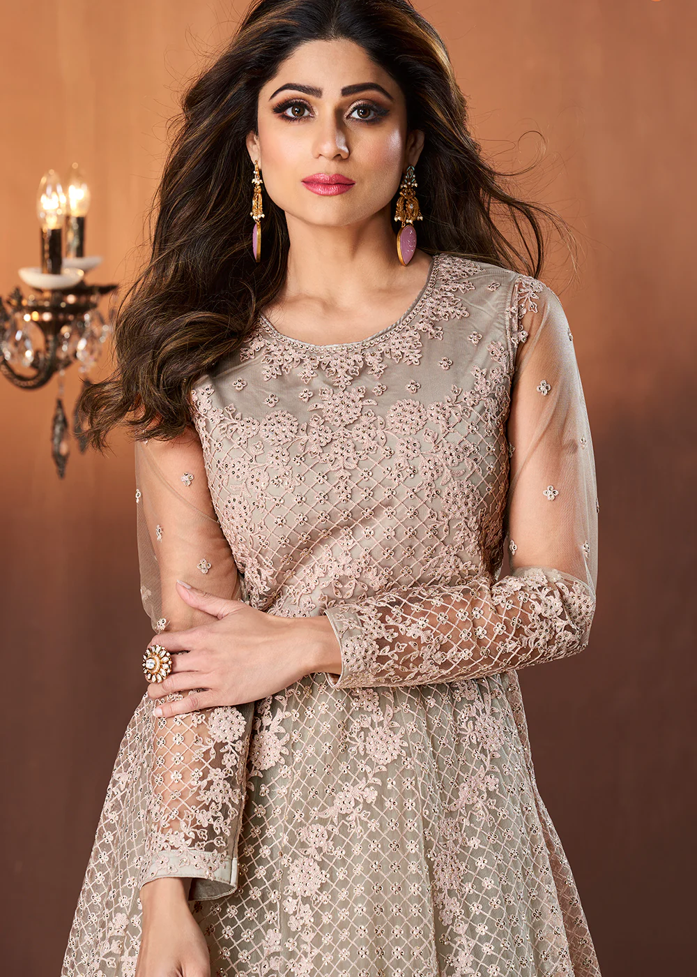 Beige All Over Embroidered Shamita Shetty Gown - Image 3