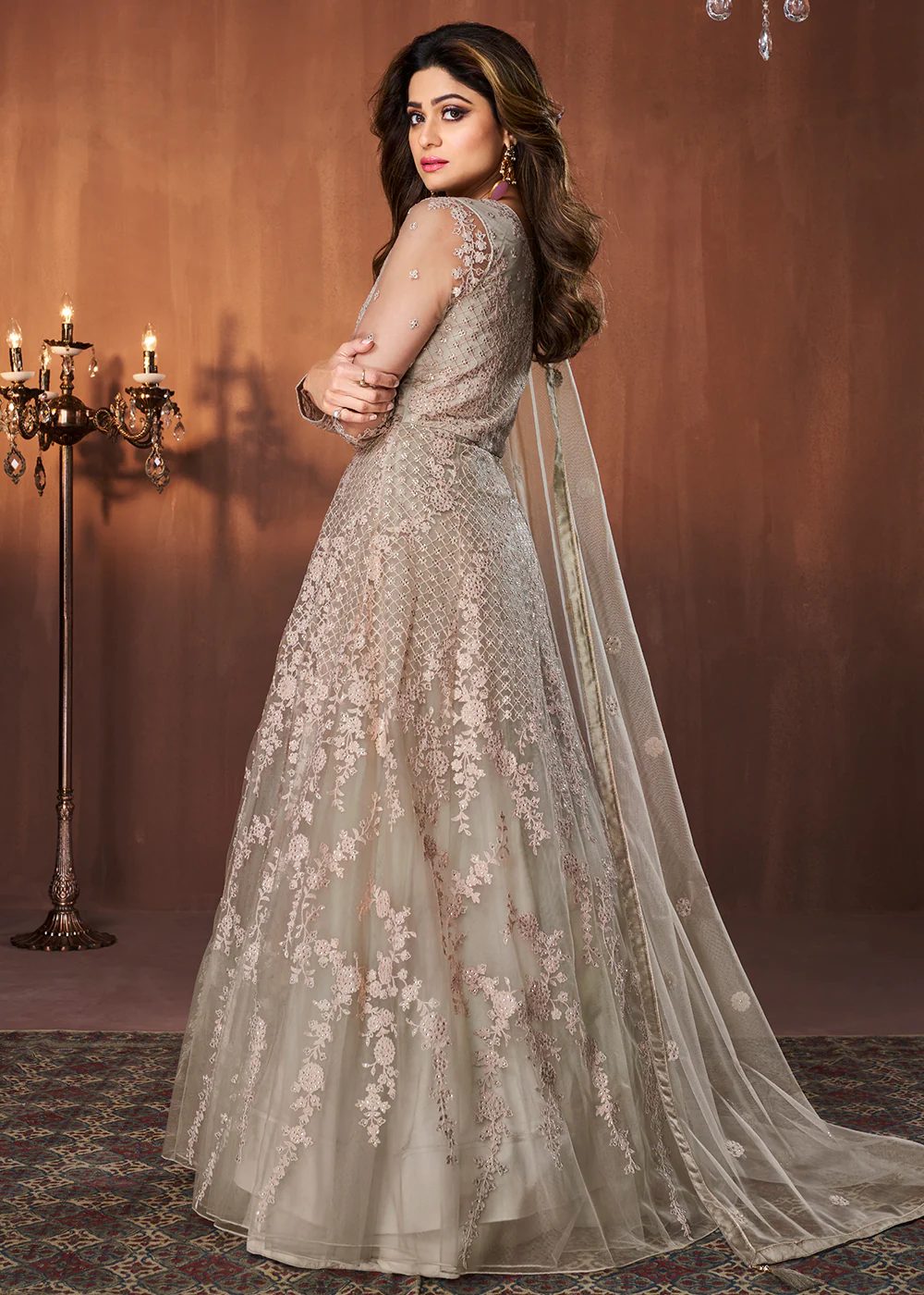 Beige All Over Embroidered Shamita Shetty Gown - Image 4