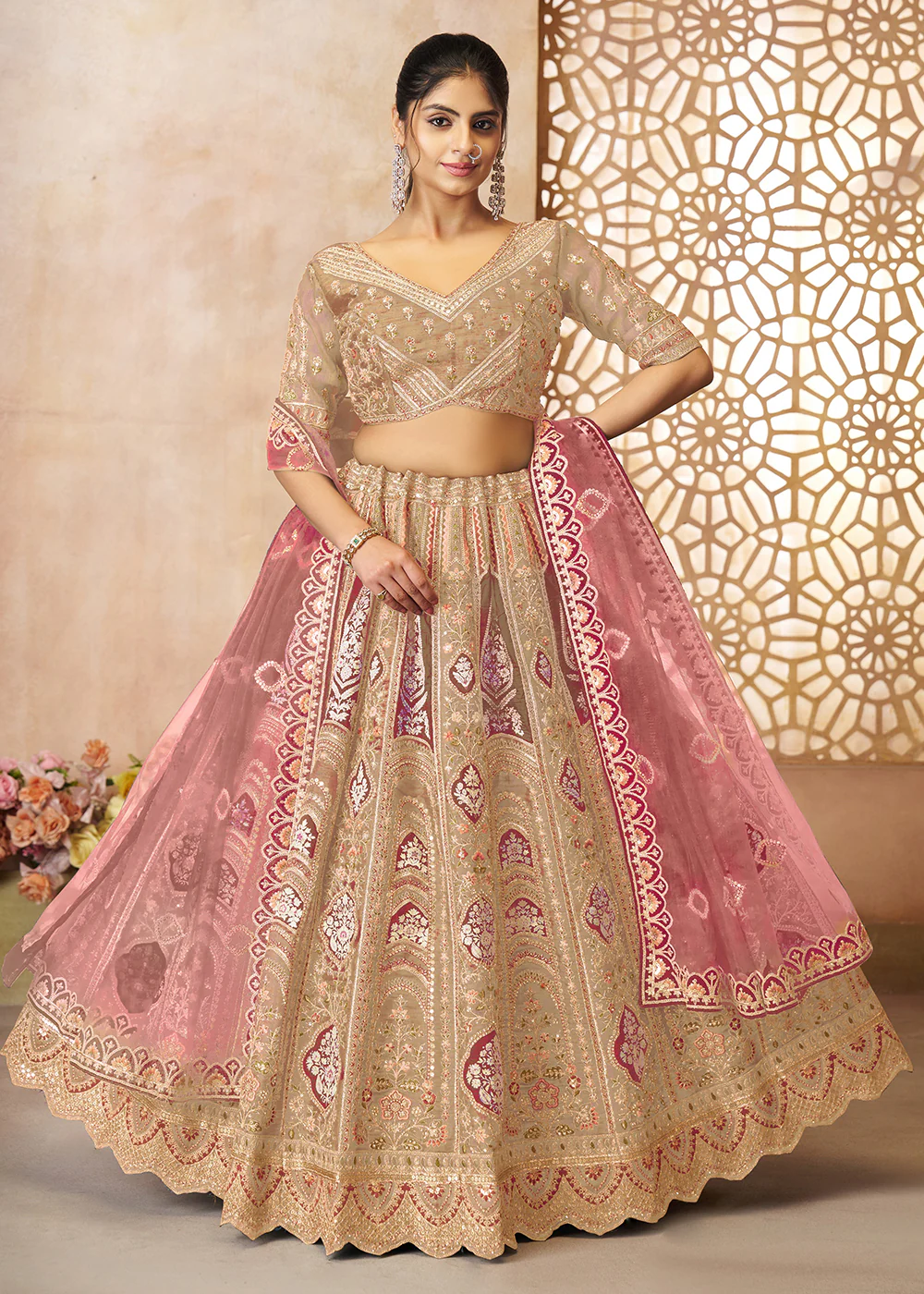 Beige Banarasi Silk Aari Embroidered Bridal Lehenga Choli