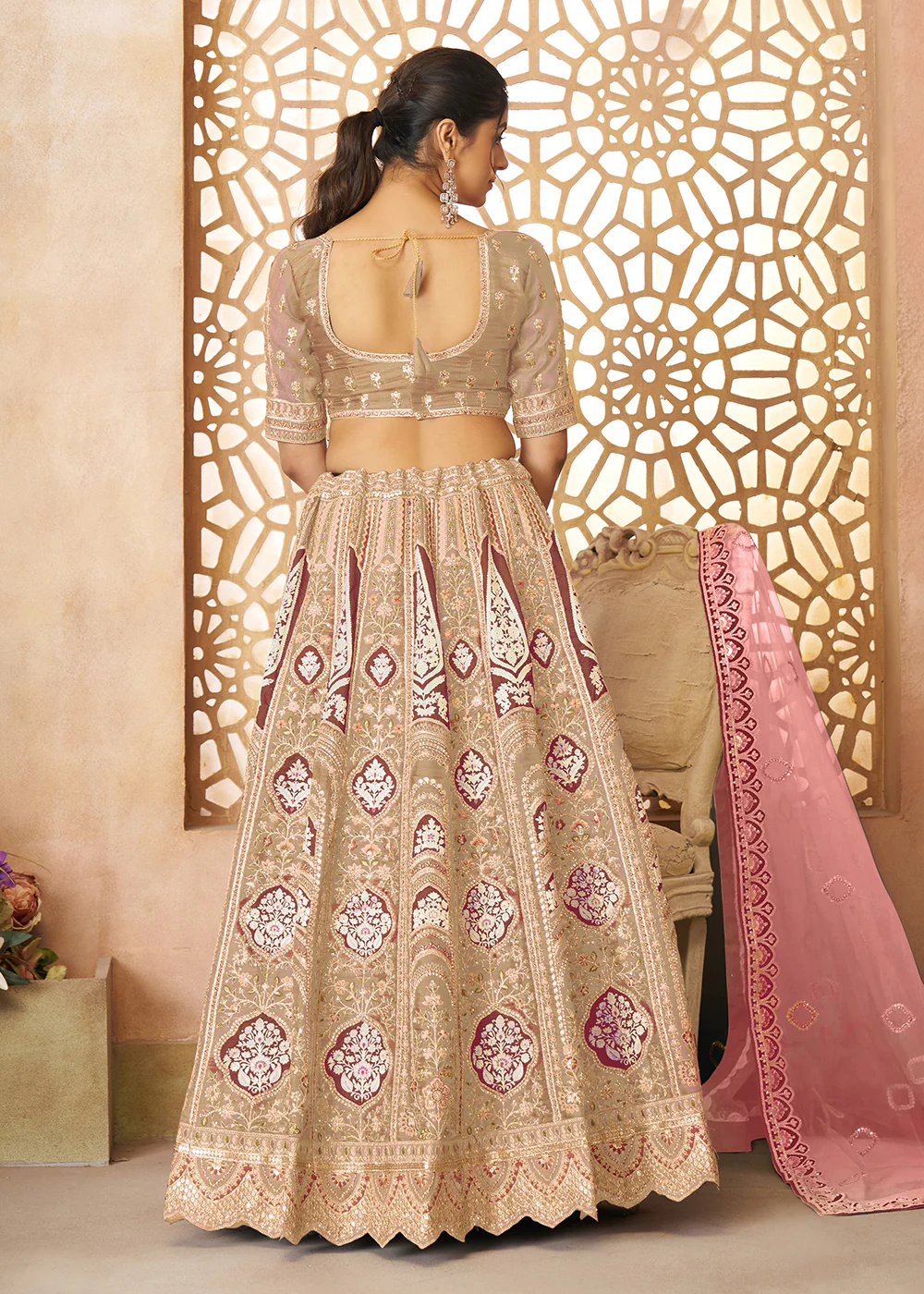 Beige Banarasi Silk Aari Embroidered Bridal Lehenga Choli - Image 3
