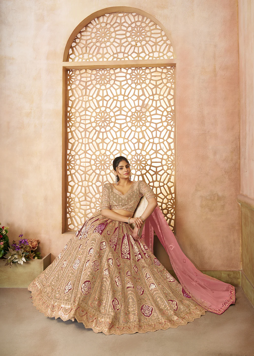 Beige Banarasi Silk Aari Embroidered Bridal Lehenga Choli - Image 4