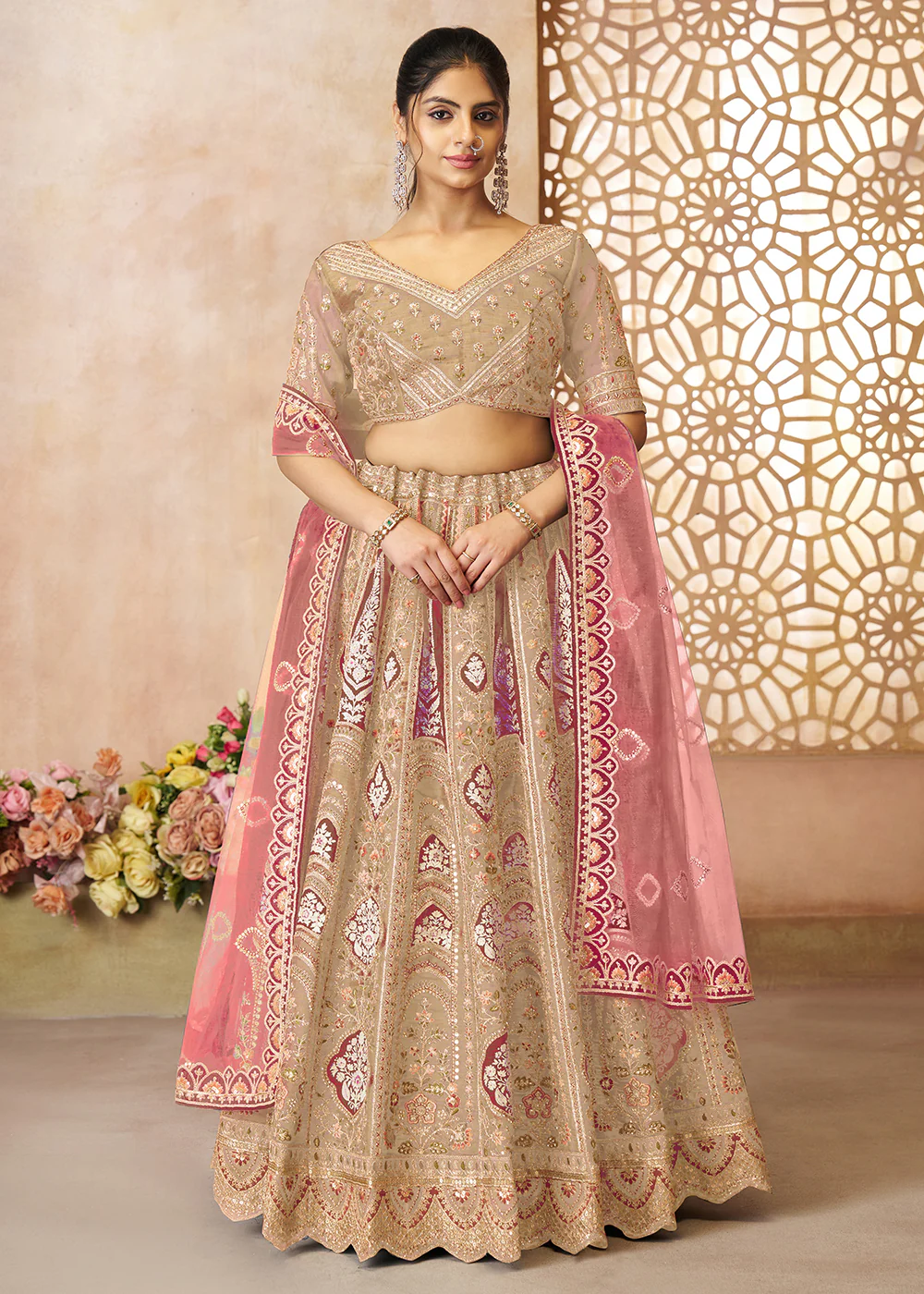 Beige Banarasi Silk Aari Embroidered Bridal Lehenga Choli - Image 5