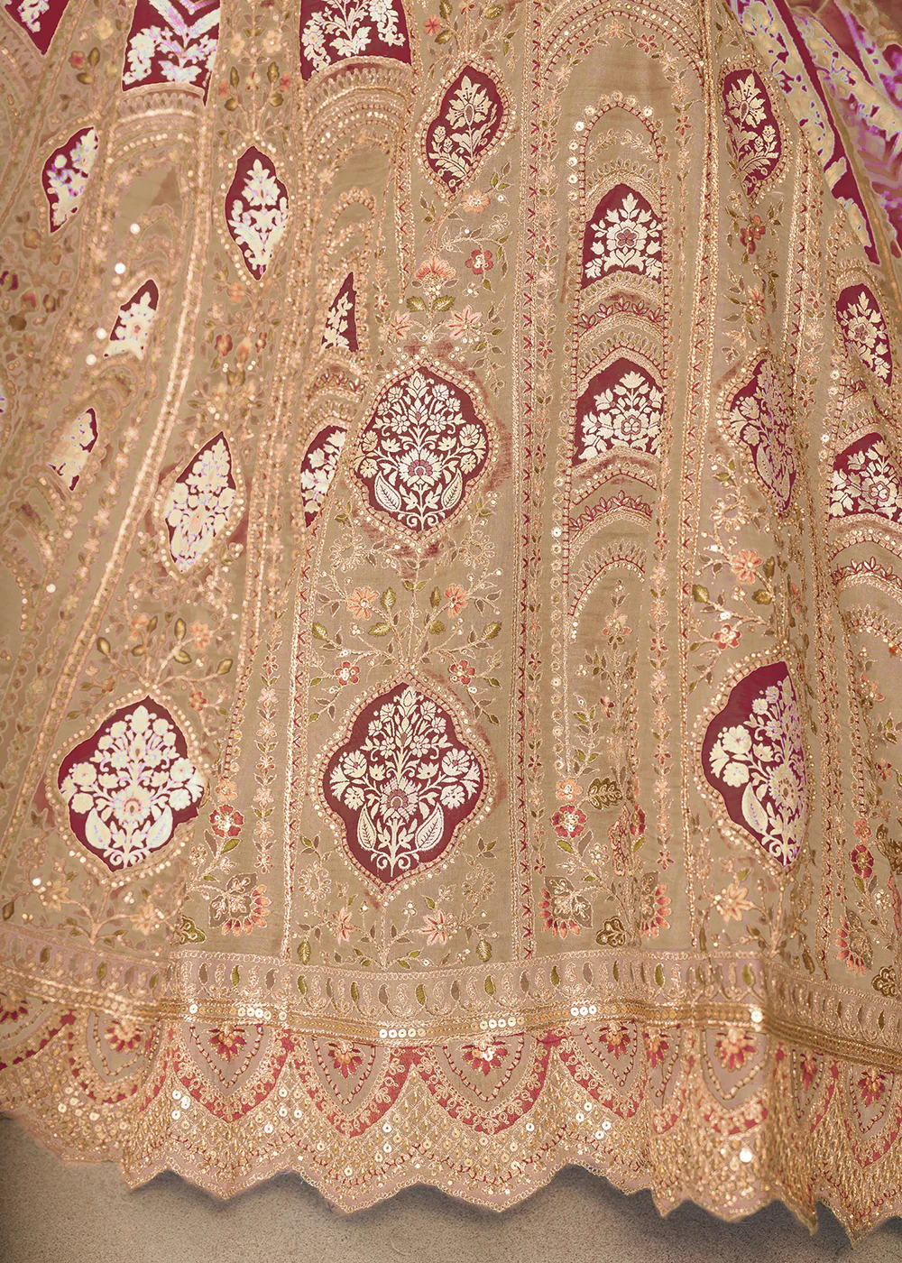 Beige Banarasi Silk Aari Embroidered Bridal Lehenga Choli - Image 6