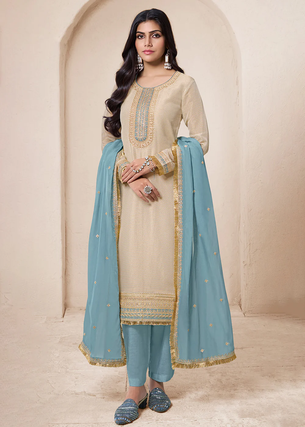 Beige & Blue Viscose Organza Embroidered Salwar Suit