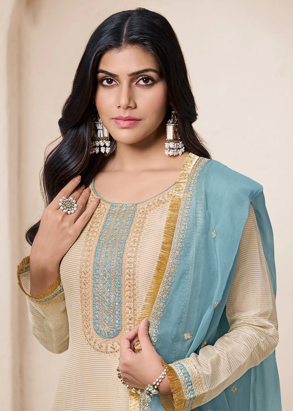Beige & Blue Viscose Organza Embroidered Salwar Suit - Image 2